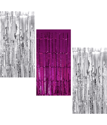 Jolly Party  2 Silver 1 Pink fringe Curtains Pack of 3