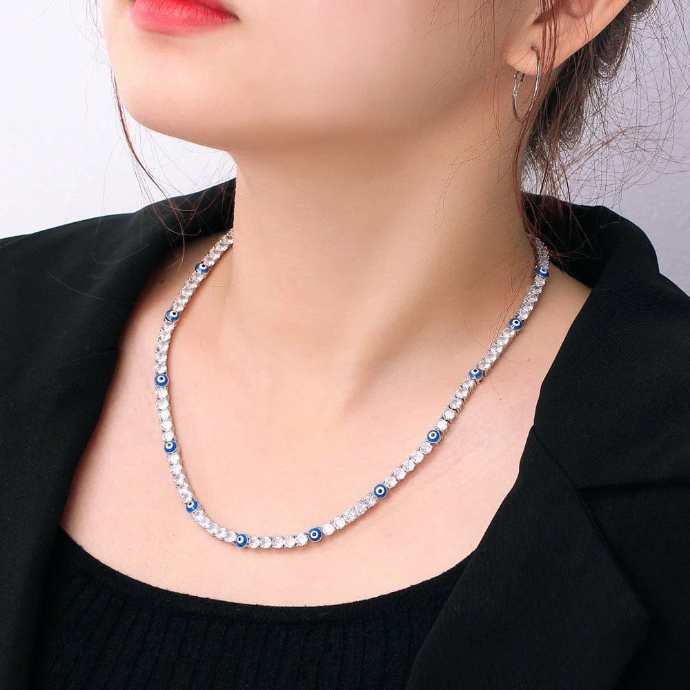 Genuine Cubic Zirconia Tennis Link Blue Enamel Turkey Lucky Eyes Luxury Charm Choker Necklace for Women Devil Evil Jewelry Gift