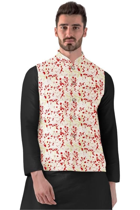 Men's Jacquard Printed Full Sleeve Waistcoat (Red-Beige, 40)-PID53479