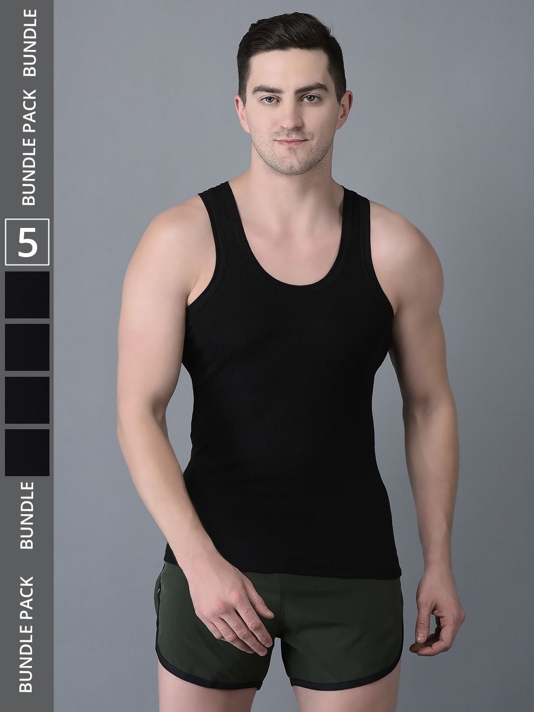 Men's Black Pack of 5 Solid Combed Cotton Vest