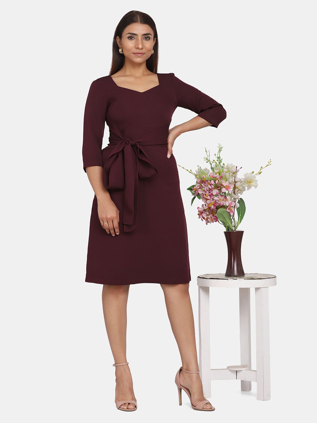 Jewel Neckline A-Line Evening Dress - Wine-S
