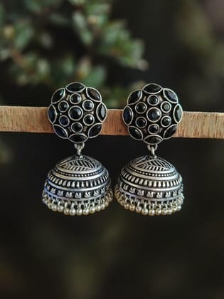 High-Quality German Silver Jhumka Earrings Perfect for Ethnic Attire | Sarichka-Black