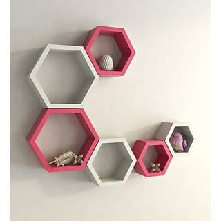 Onlinecrafts Wooden Wall Self Wooden Wall Shelf (Number Of Shelves - 6, White, Pink)