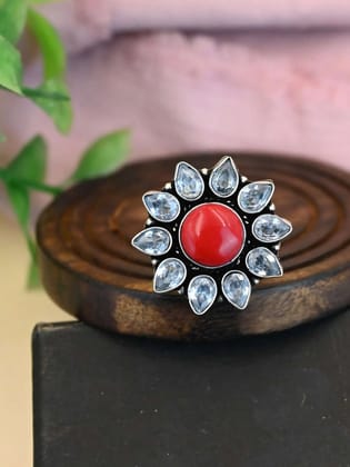Oxidised Adjustable Monalisa Party Wear Finger Rings | Sarichka-Red
