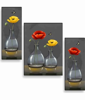 SAF Elegant Poppy Vase Wall Art – 3 Panel Modern Flower Painting with Glass Bottles & Butterflies for Living Room & Office Décor 12 Inch x 20 Inch