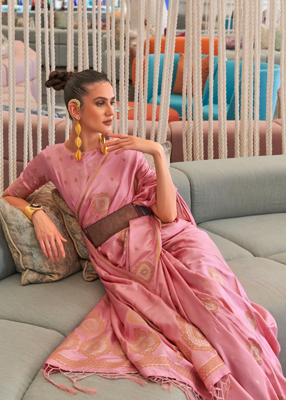 Delight Pink Bronze Zari Woven Satin Silk Saree
