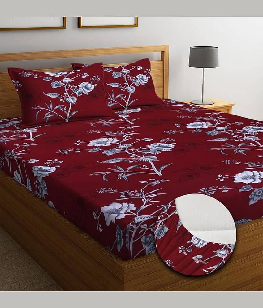 SHOMES Cotton Floral Fitted 1 Bedsheet with 2 Pillow Covers ( Double Bed ) - Maroon