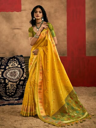 Yellow Pure Patola Handloom Weaving Silk Saree