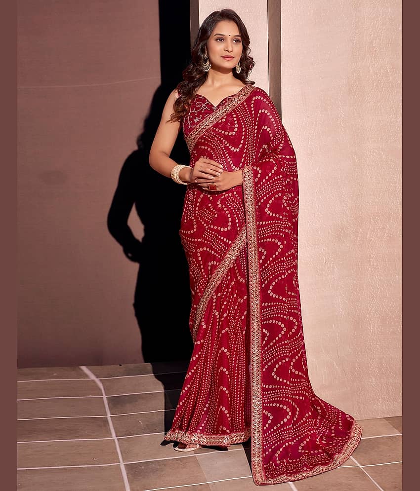 Samah Georgette Embroidered Bandhani Sarees With Unstitched Blouse Piece ( Multicolor )