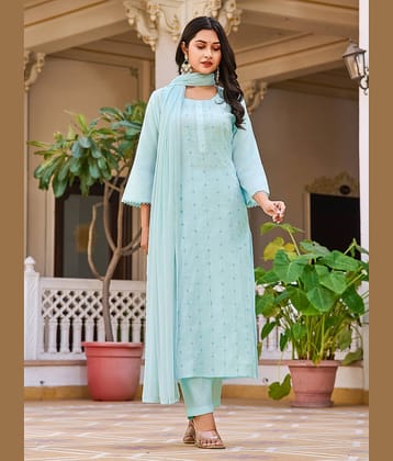VIBEVISION Cotton Blend Embroidered Kurti With Pants Women's Stitched Salwar Suit - Blue ( Pack of 1 )