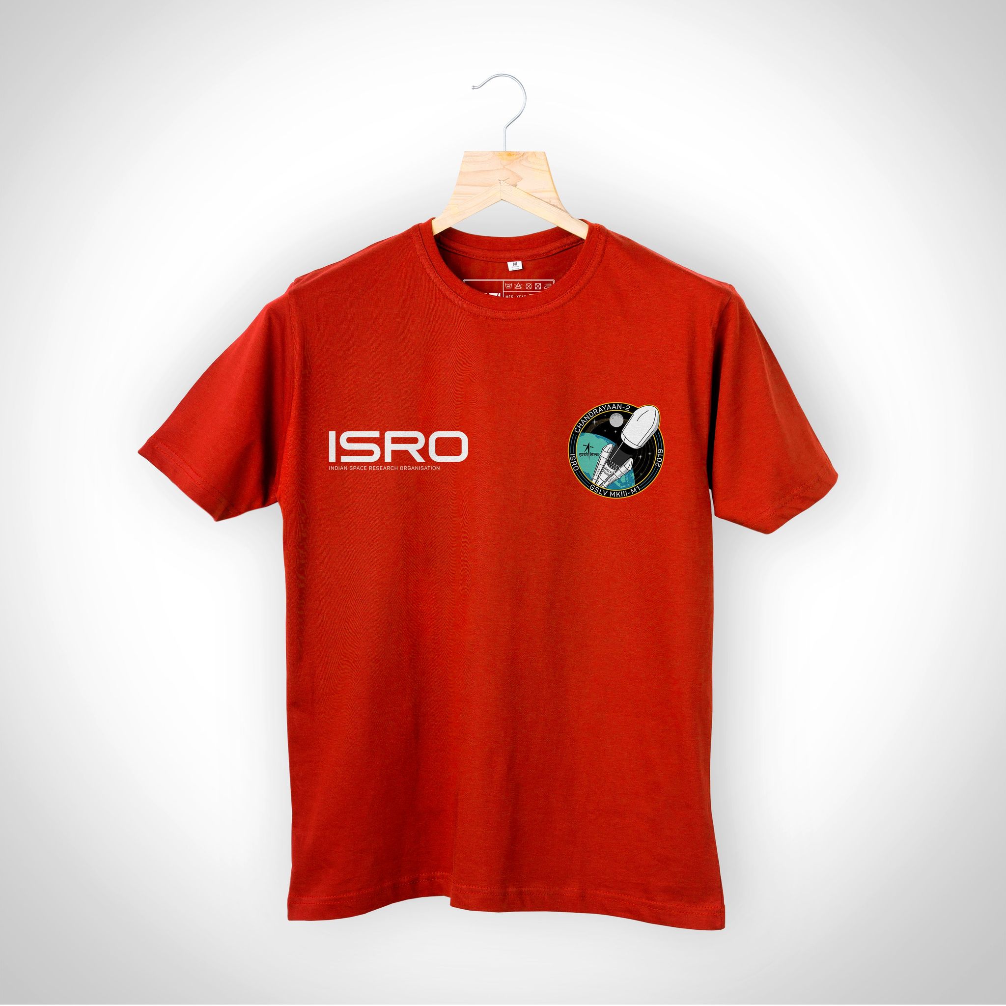 ISRO Red Unisex T-Shirt with Chandryaan-2 Printed Badge-S