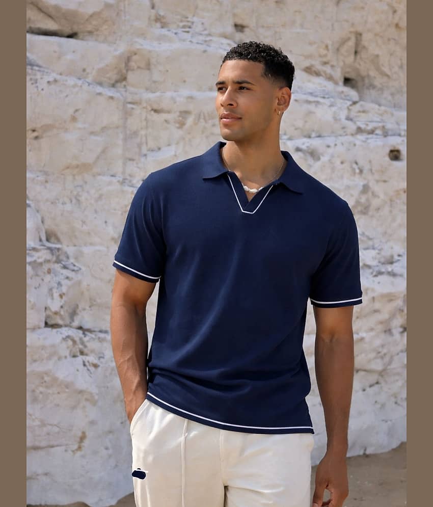 Rigo Men Cotton Regular Fit Solid Polo T Shirt ( Navy Blue )