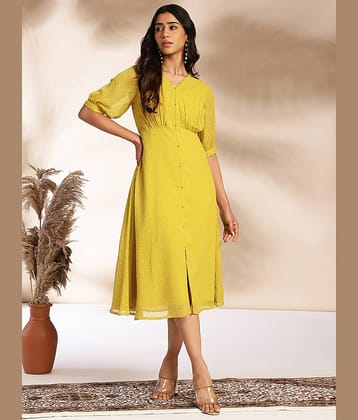 Janasya Women Chiffon Self Design A-line Dress ( Mustard )