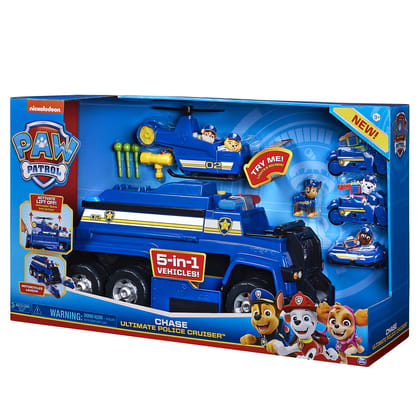 Paw Patrol Chases 5-in-1 Ultimate Police Cruiser - Car with Lights and Sounds, 2 Motorcycle, a Helicopter and a Boat for Kids Aged 3 and up