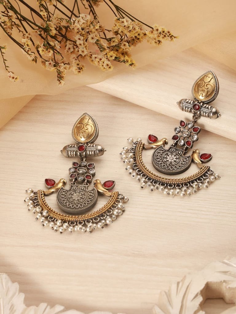 Silver Oxidised Dual Toned Bird Motif Tribal Boho Look Lightweight Chandbali Dangler Earrings - Earrings | Buy online on ZillyBuy