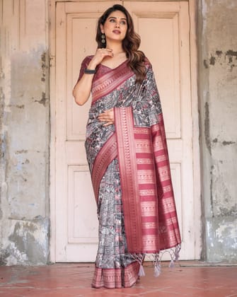 Black and Red Banarasi Silk Saree with Geometric Print and Rich Zari Border-Regular