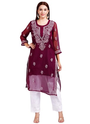 MRS RIGHT CHIKANKARI MIRROR EMBROIDERED MAROON KURTI WITH WHITE PANT SET FOR WOMEN AND GIRLS