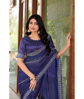 VEERAIVA Chiffon Embellished Saree With Unstitched Blouse Piece ( Navy Blue )