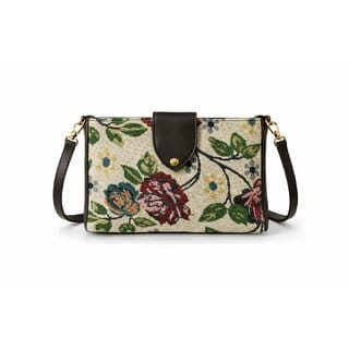 Vintage Floral Tapestry Crossbody Sling Bag with Leather Strap