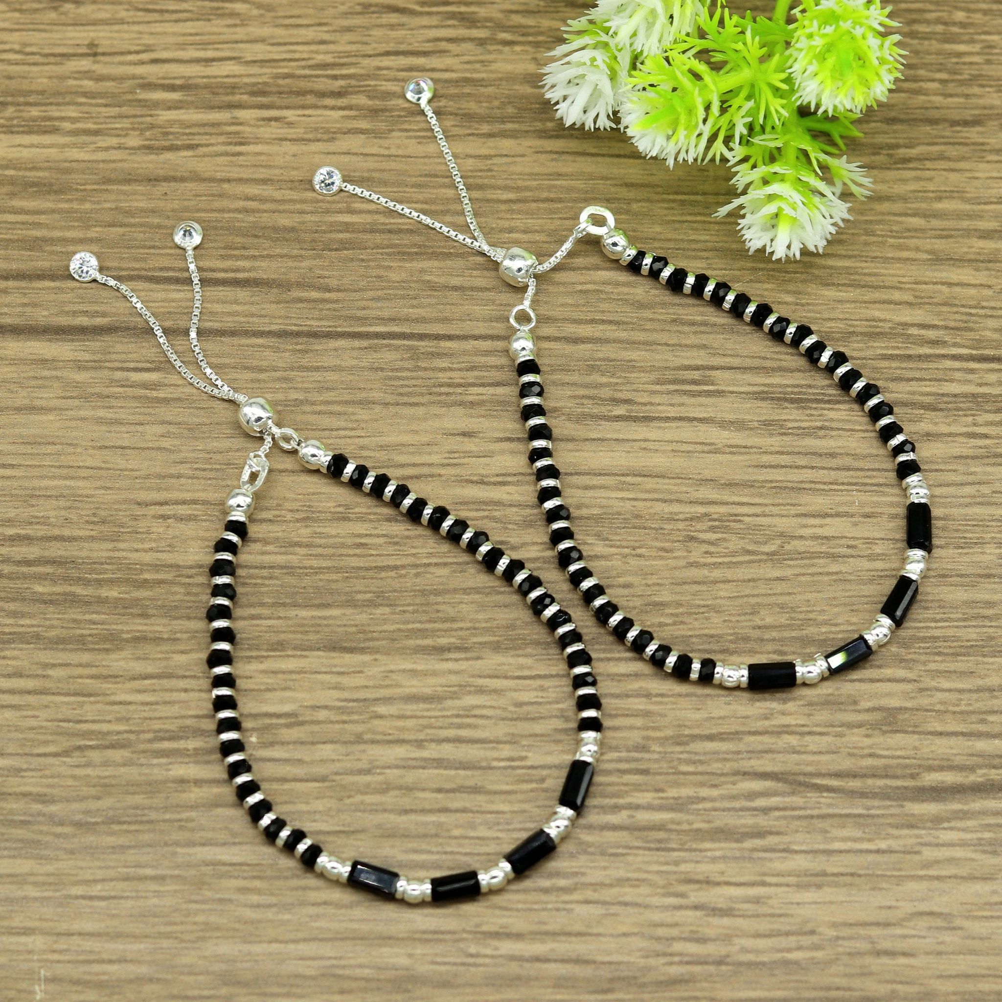 7 inches long handmade 925 sterling silver fabulous silver beads, black stone charm adjustable customized single bracelet for girl's gifting sbr170