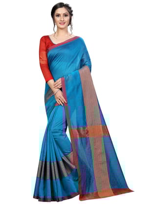 Generic Women's Cotton Saree with Blouse (Sky Blue, 5 - 6 Mtrs)