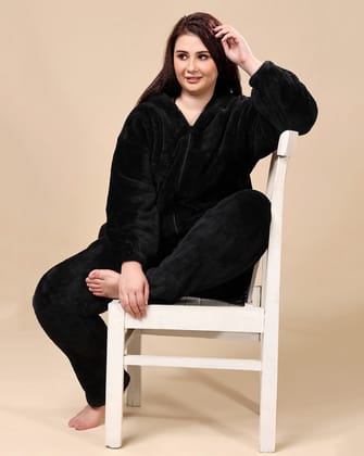 Solid Fur Jacket and Pants Co-ord Set-Black-L / L / Black