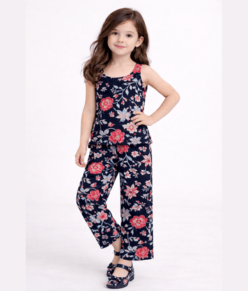 Lazy Shark Girls Cotton Blend T-shirt & Pants Set ( Navy Blue , Pack of 1 )