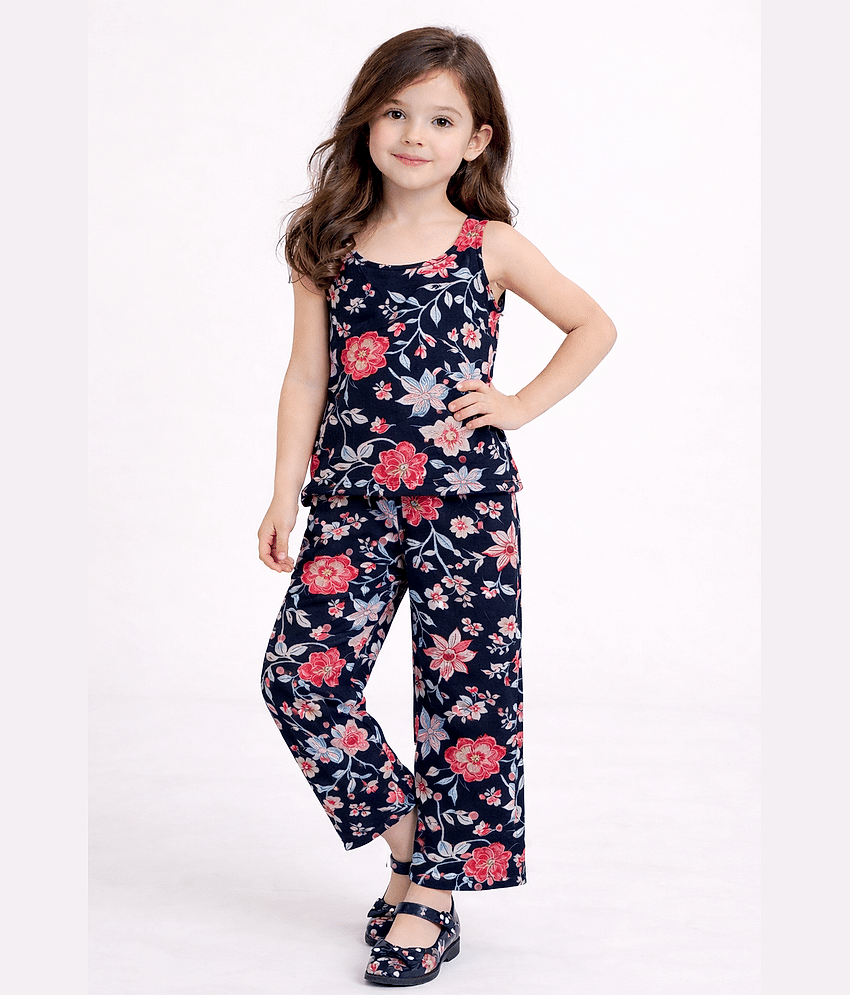 Lazy Shark Girls Cotton Blend T-shirt & Pants Set ( Navy Blue , Pack of 1 )