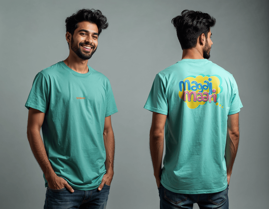 Taarak Mehta Ka Ooltah Chashmah| Aqua Green Back Printed Regular Fit T-Shirts For Men (MAGAJ MAARI)