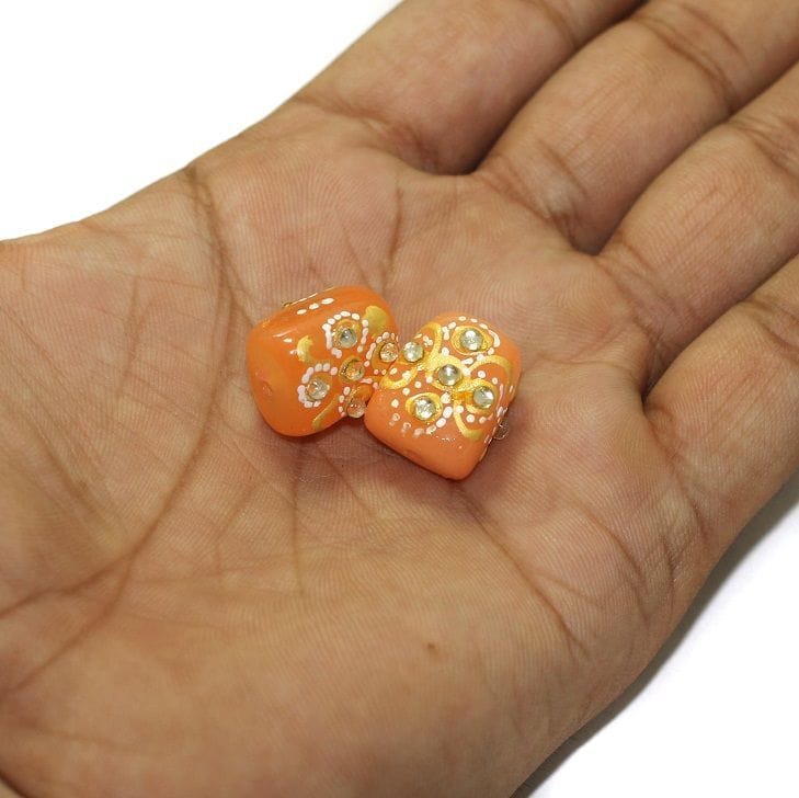 5 Pcs, 17x13mm Handpainted Kundan Work Tumble Beads Orange-Orange / Glass