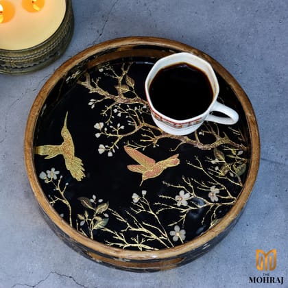 The Mohraj Night Abstract Round MDF Trays with Gold Foil Detailing Set of 3  