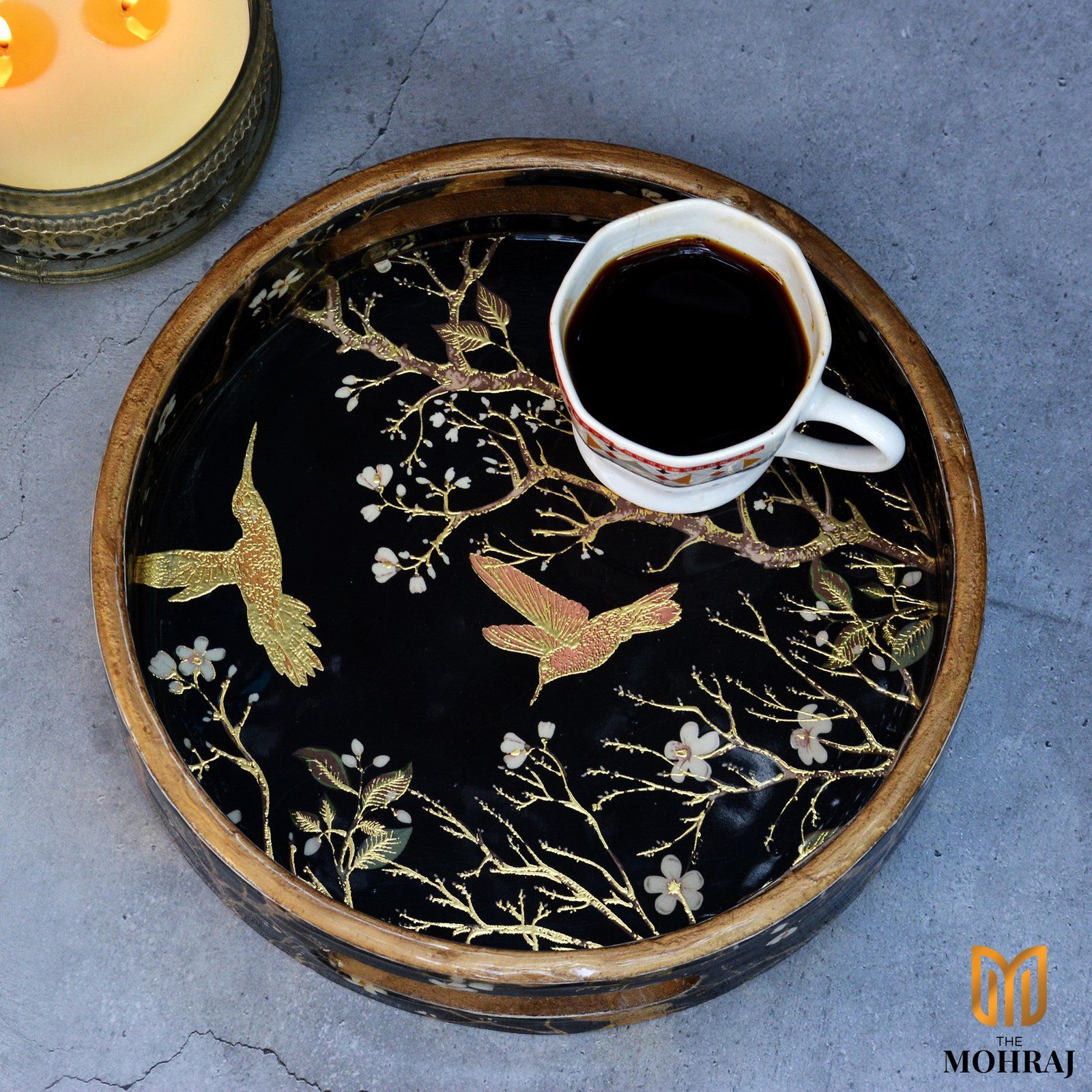 The Mohraj Night Abstract Round MDF Trays with Gold Foil Detailing Set of 3  