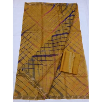 Imaginative Pure Silk Kota Doria Mustard Saree Handcrafted