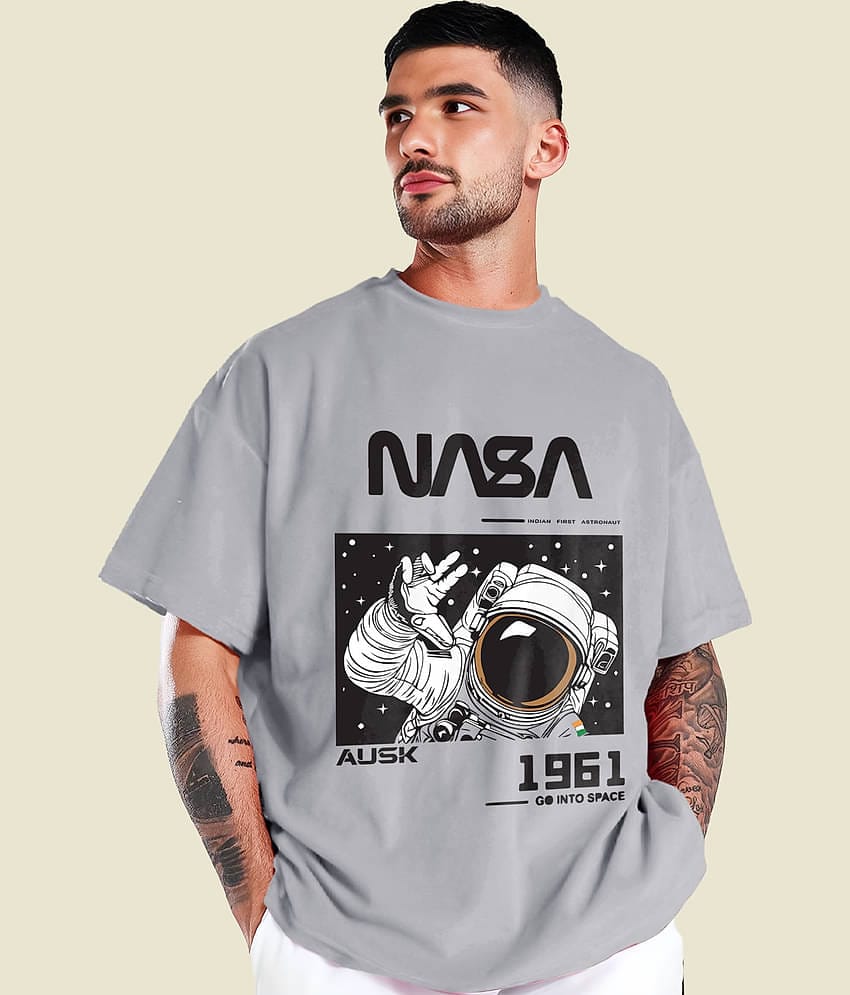 ENITOR Men Cotton Blend Oversized Fit Printed T-Shirt ( Grey )