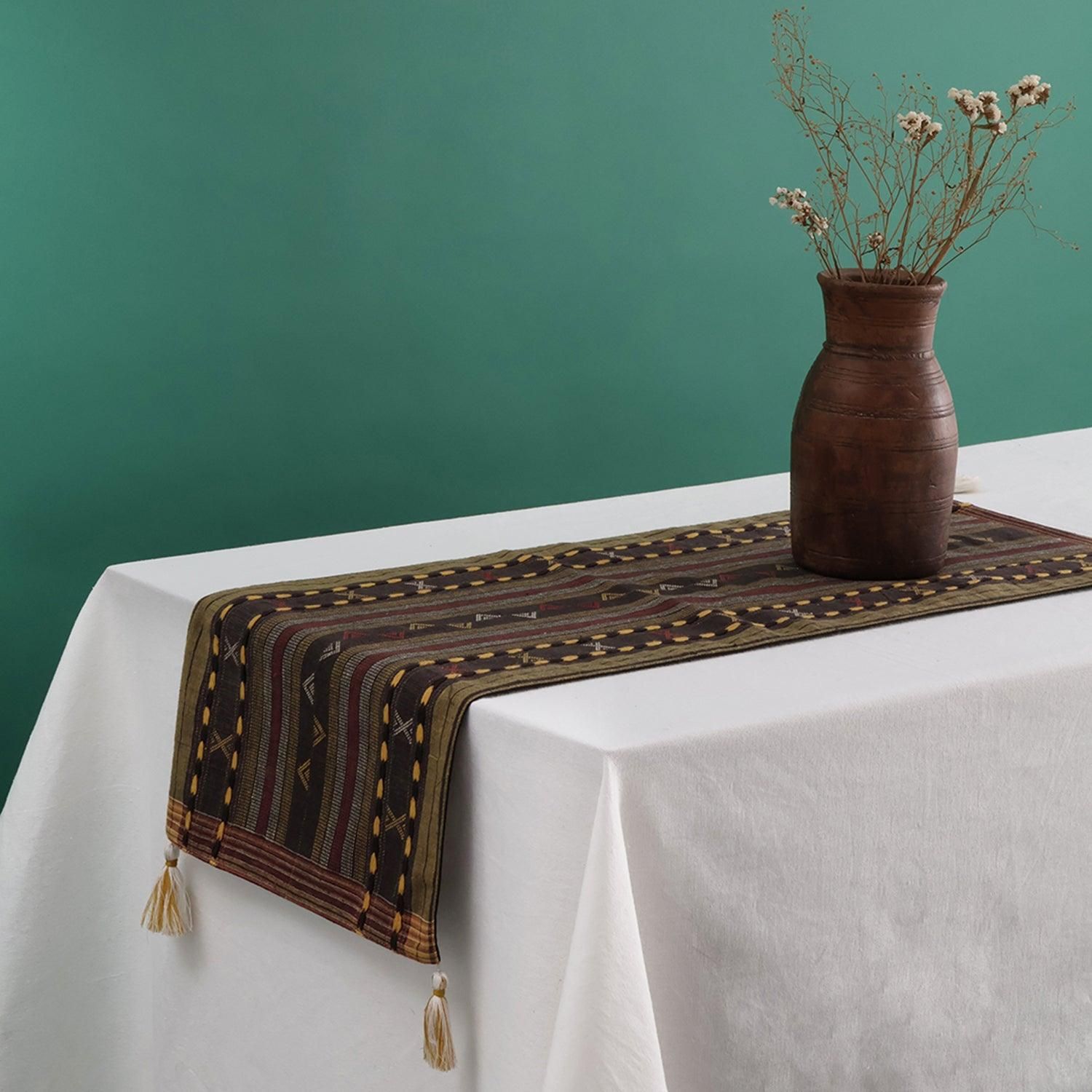 Charcoal Black Cotton Handwoven Cotton Table Runner-Charcoal Black, Brick Red, Navy Blue, Mustard, and White / Cotton / 12x35 inches