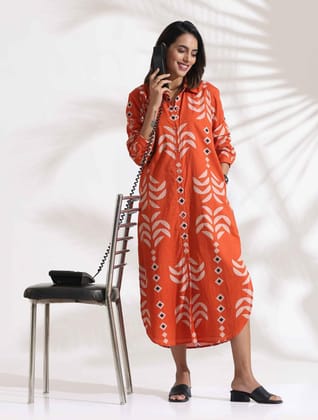 trueBrowns Orange Cotton Print Shirt Dress - Orange  (XS)