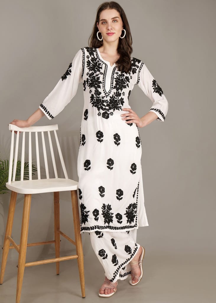 Pure Modal White & Black Hand Embroidered Lucknow Chikankari Kurta Plazzo set