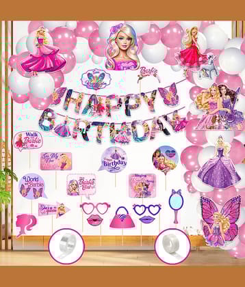Zyozi ® Barby Princess Theme Decorations For Baby Girls Birthday - Barby Princess Birthday Decorations Set - Banner, CardStock CutOut, Photo Booth Props, Arch with Glue Dot & Balloons (Pack Of 51)