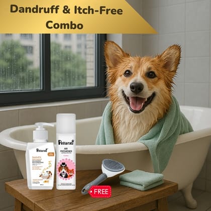 Petterati Dandruff & Itch Control Combo, Dandruff Shampoo, Air Freshener & Deshedding Brush (Free), Gentle Care & Effortless Grooming