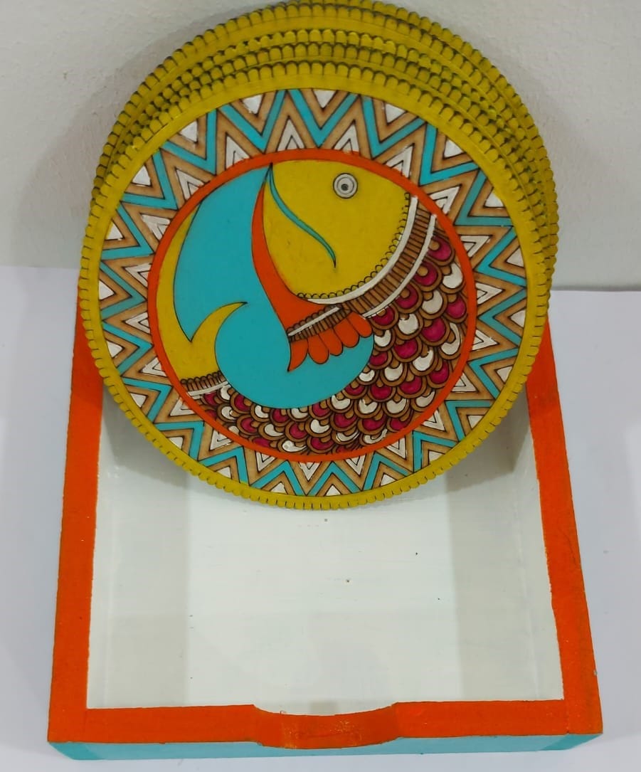 Kalakrishta Handpainted Madhubani Fish Coaster Set of 6 with Holder