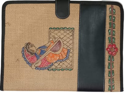 Handmade Tikuli Painting Jute File Folder - Eco-Friendly Document Organizer with 2 Compartments