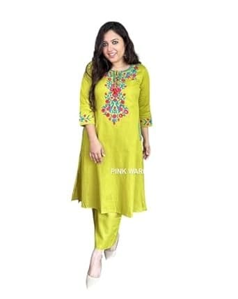 Womens Stylish Khadi Cotton A-Line Green Embroided Kurti Pant Set.
