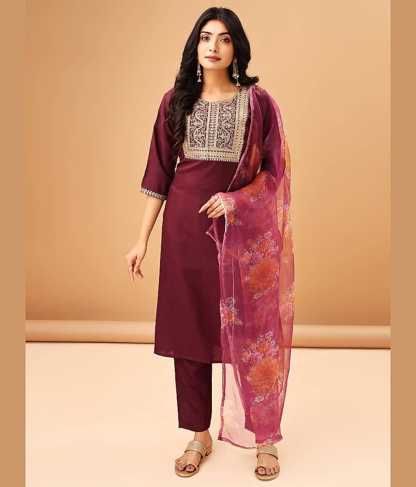 TRAHIMAM Cotton Blend Embroidered Kurti With Pants Women's Stitched Salwar Suit - Purple ( Pack of 1 )