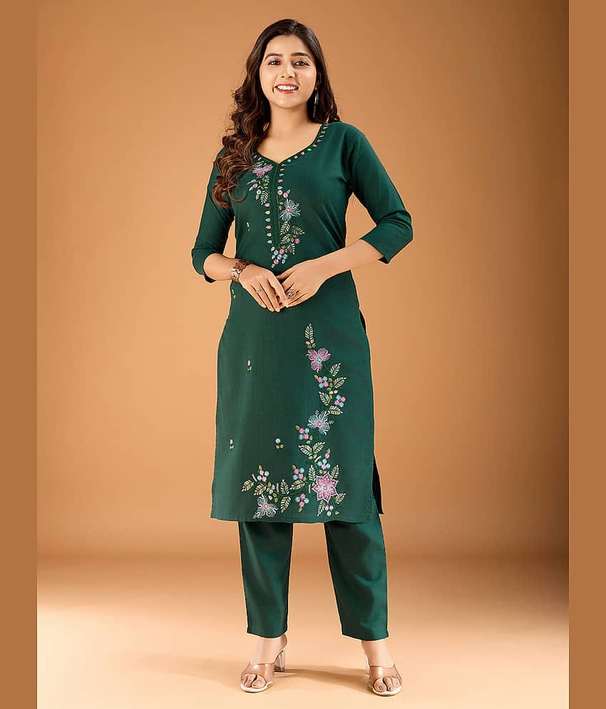 Parastri Cotton Embroidered Kurti With Pants Women's Stitched Salwar Suit - Green ( Pack of 1 )