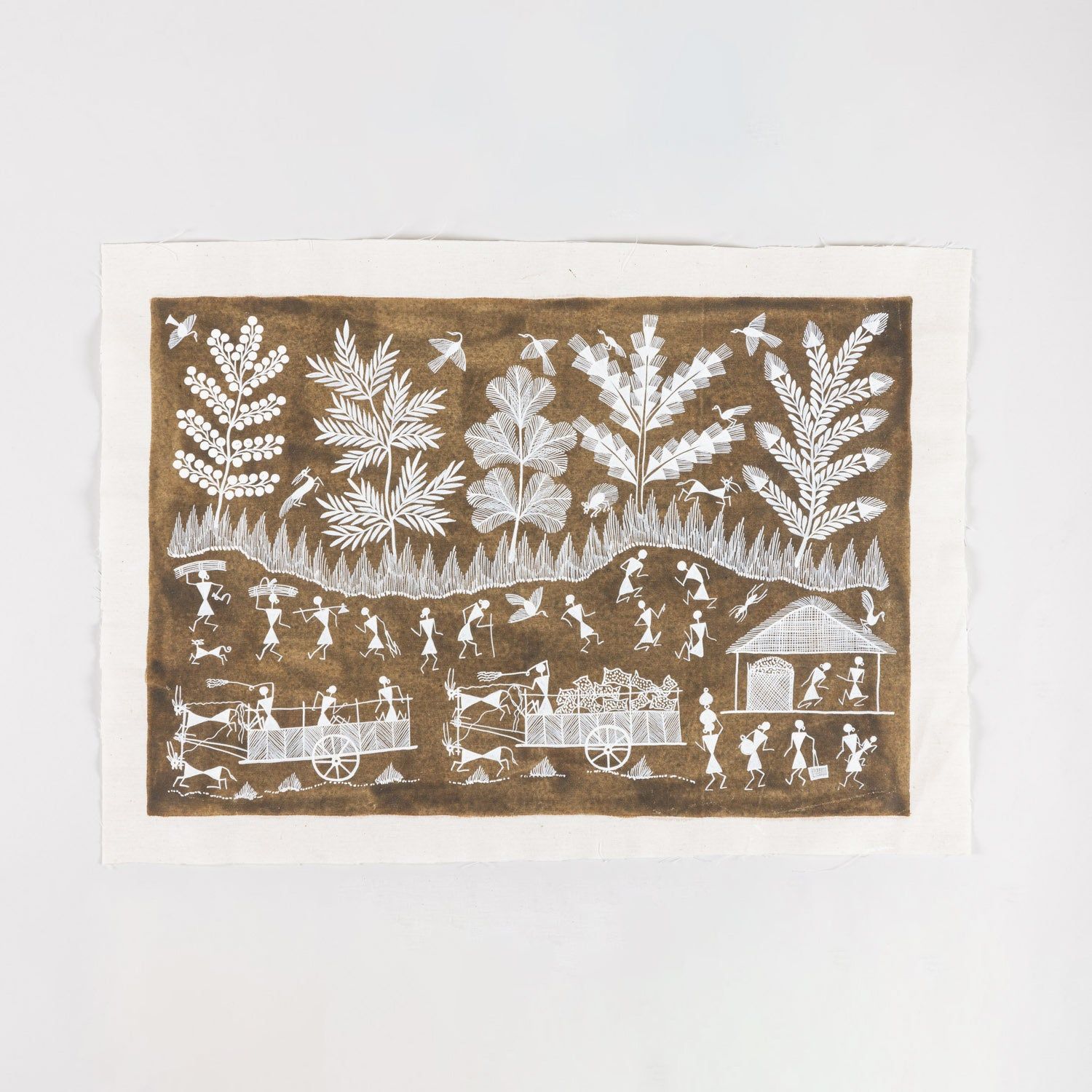 Warli Painting Bullock Cart - 15x21 Unframed-Brown / White / Cotton