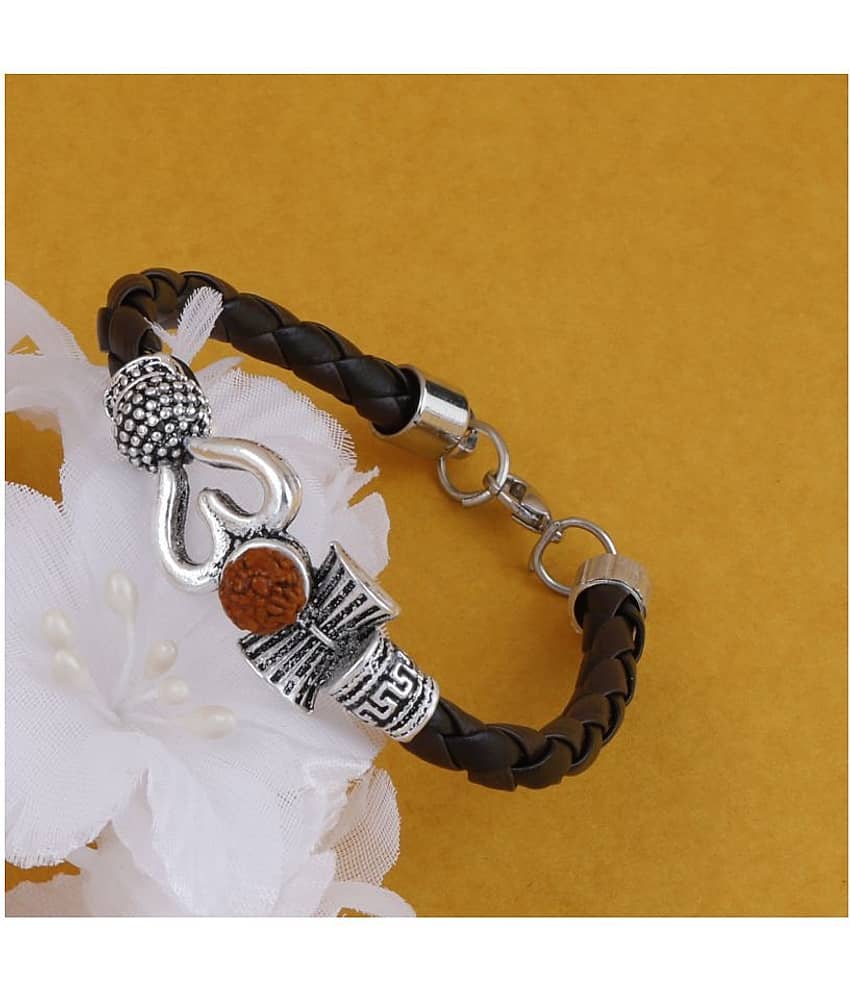 Rudraksha OM Trishul Damroo Designer Oxidized Silver Bahubali Leather Kada Bracelet Unisex Bracelets for Men & Women