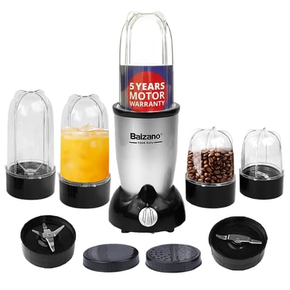 Balzano ABS Bullet Mixer Grinder 500W,5 Years Motor Warranty,5 Jars,2 Blades,2 Lids,Italian Premium Brand,Pulse Function,Mixer Blender for Smoothies,Smoothie Maker,1 Years Product Warranty,Silver Balzano ABS Bullet Mixer Grinder 500W,5 Years Motor Warran