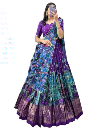 Shringar House Traditional Premium Floral Print & Foil Work Lehenga Choli Set for Wedding, Ethnic Wear with Embroidered Gota Patti Border Lehenga Choli Dupatta Set with Unstitched Blouse (Purple)