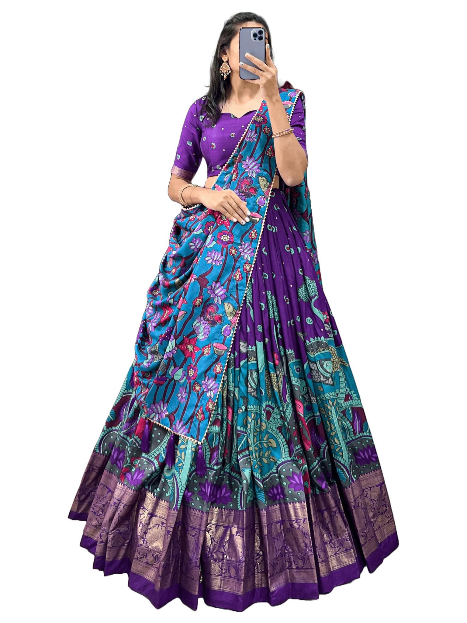 Shringar House Traditional Premium Floral Print & Foil Work Lehenga Choli Set for Wedding, Ethnic Wear with Embroidered Gota Patti Border Lehenga Choli Dupatta Set with Unstitched Blouse (Purple)