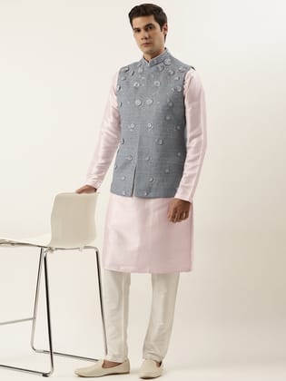 Grey floral embroidered Jacket Kurta Set-S/38 / Churidaar Set
